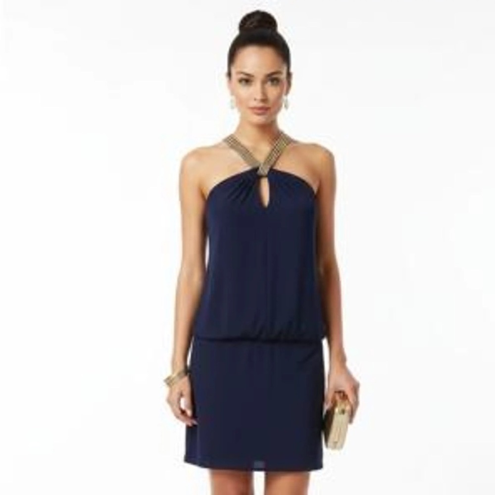 Bisou Bisou Strapless Navy Dress with Gold Accents
